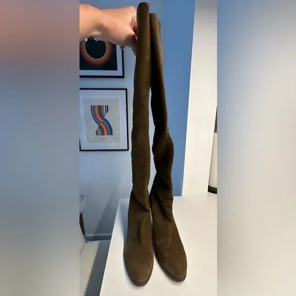 Stuart Weitzman Demiswoon Olive Green Suede Over the Knee Wedge Boots - Picture 5 of 8